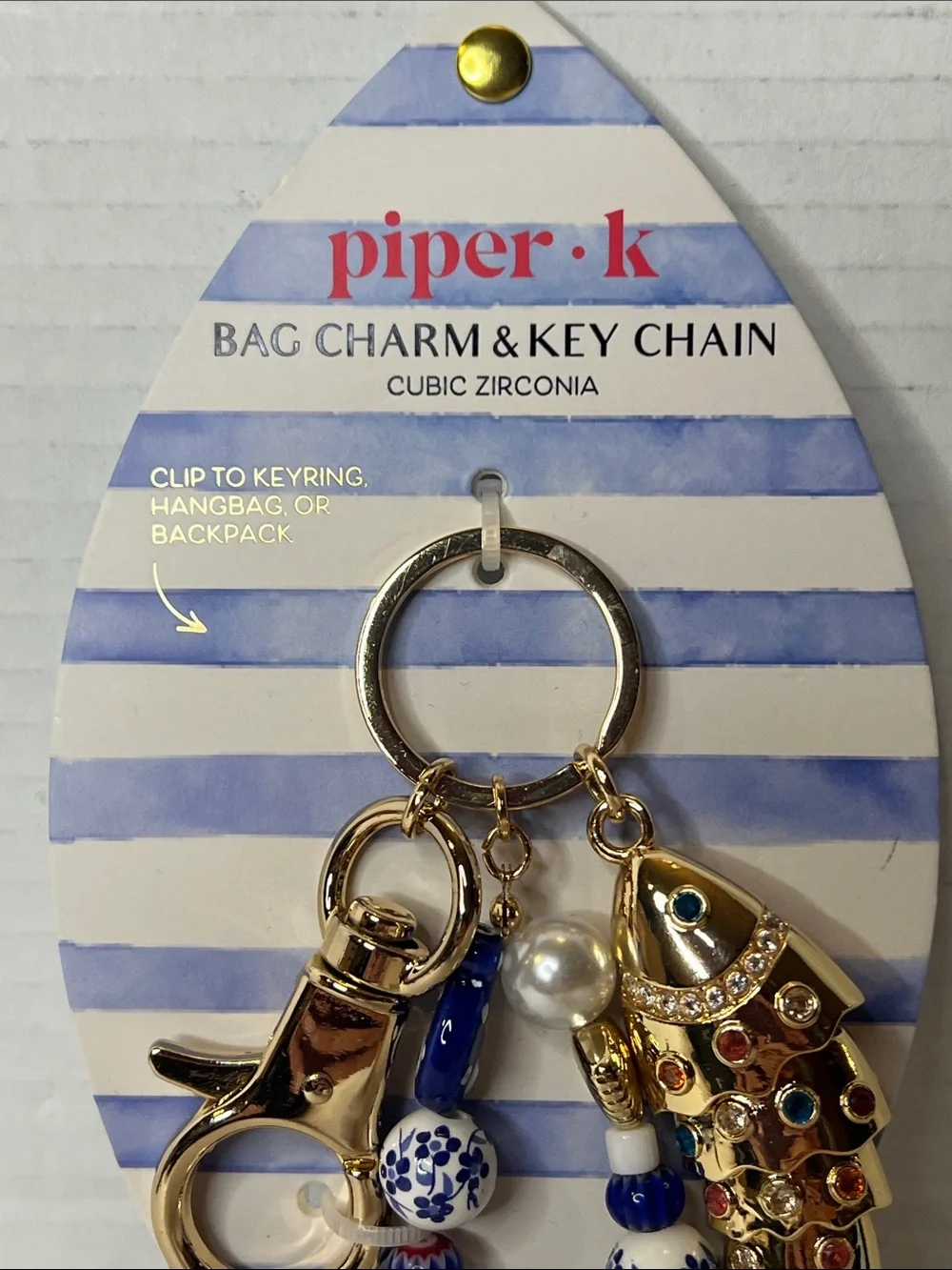 Piper K Costal Gold Beaded Fish Blue White Bag Charm Key Chain New